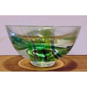 Vtg Mid Century Modern Green Swirl Glass Bowl Attribution Kosta Boda Contrast